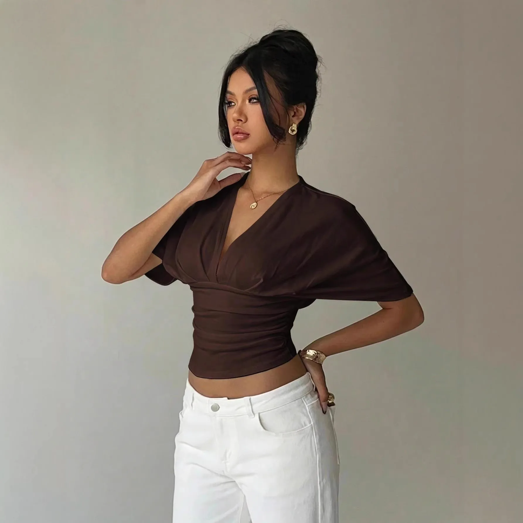 Women's Summer Apricot Deep V-Fold Short Sleeve Tight fitting Women's T-shirt
