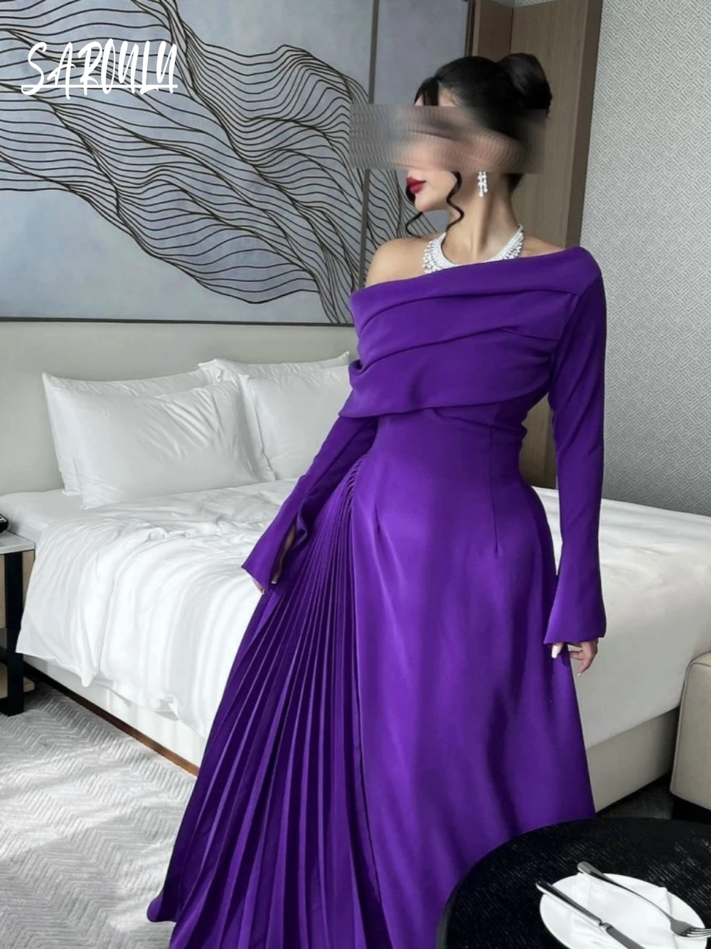 Simple Off Shoulder Pleated Evening Dress Elegant Purple A Line Arabic Long Sleeves Prom Gown Women High Quality Fast Shipping