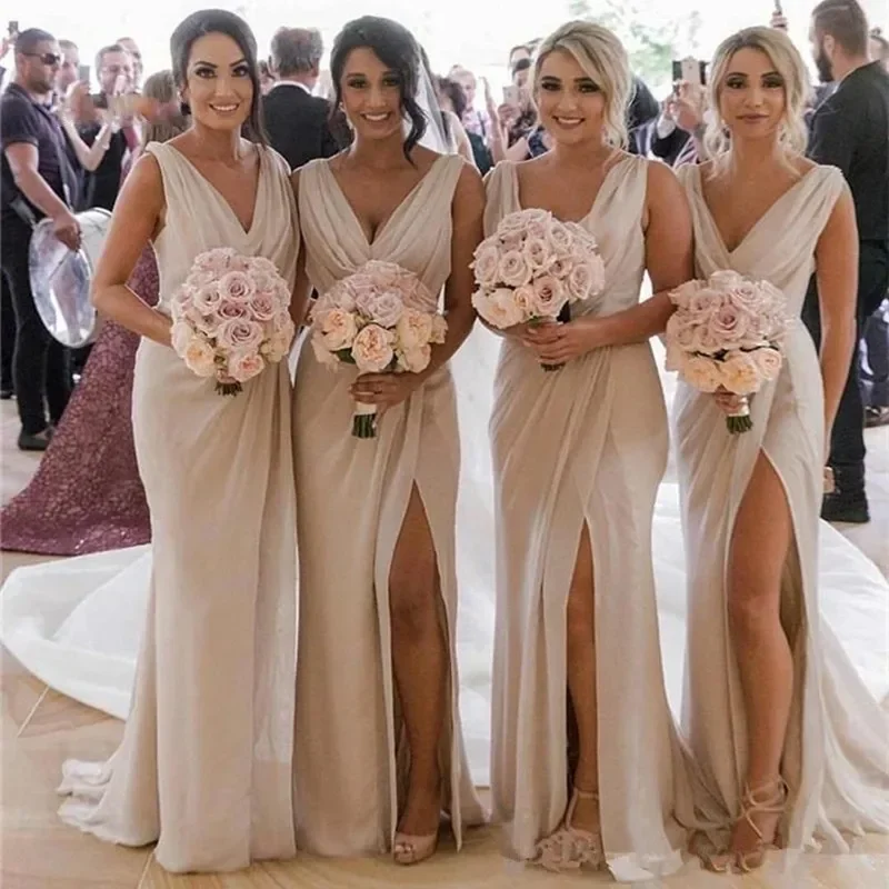 Sexy Side Split Chiffon V-Neck Long Bridesmaid Dresses Formal Party Gowns Fast Delivery Customized