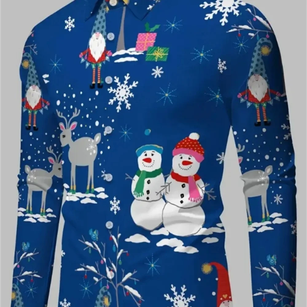 Men's Christmas Shirt Snowman Print Lapel Long Sleeve Button up Creative Christmas Elements Gift Fast Shipping