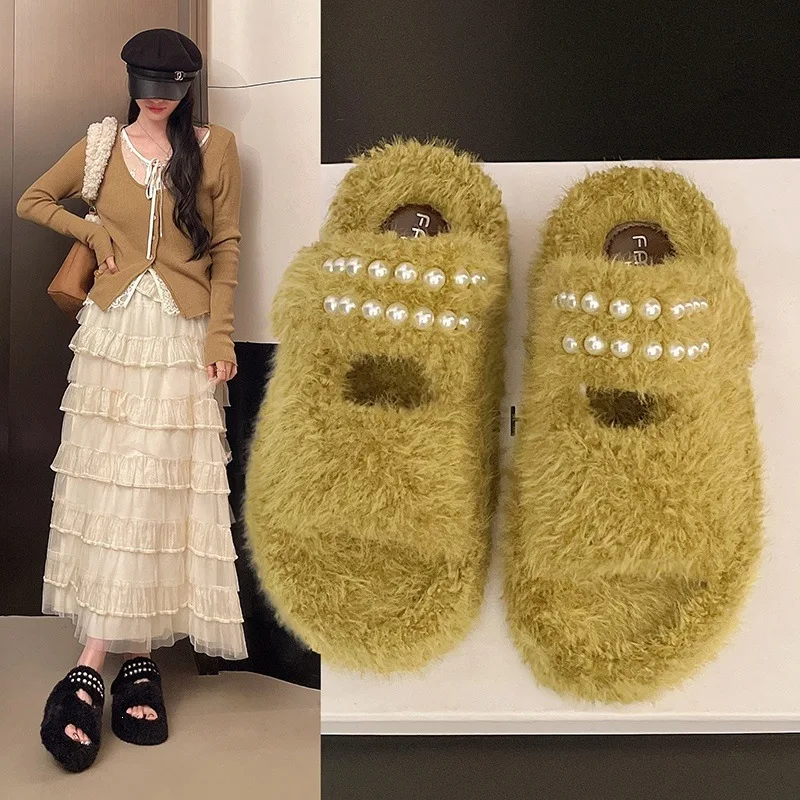 Women’s Furry Plush Slide Slippers Pearl Decoration Open Toe House Sandals Warm Thick Sole Indoor Outdoor Wear Winter Footwear