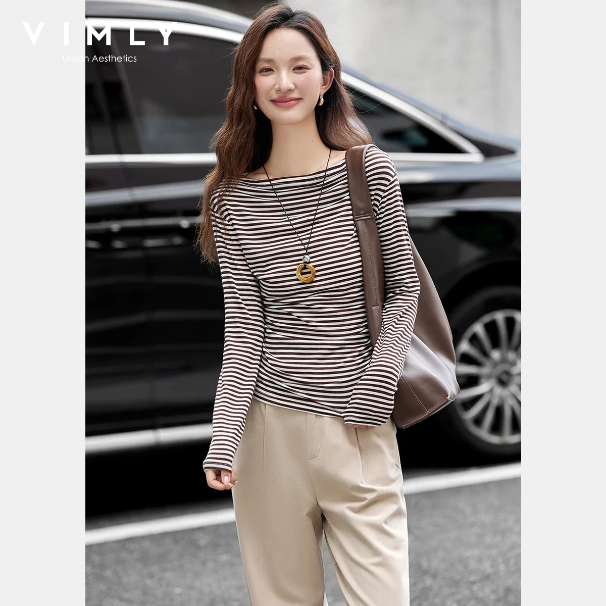 VIMLY Vintage Stripe T-shirt Women 2026 Autumn Casual Slash Neck Tops Ladies Long Sleeve Slim Fit Office Wear Female Tees A3039