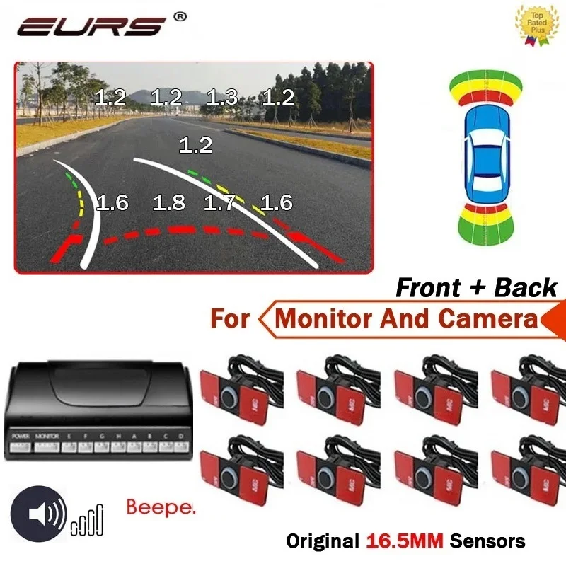 AHD 8 Front With Back Radars 16.5MM Flat Parking Sensors Step Speaker Buzzer 12V Reverse Parking Assistance