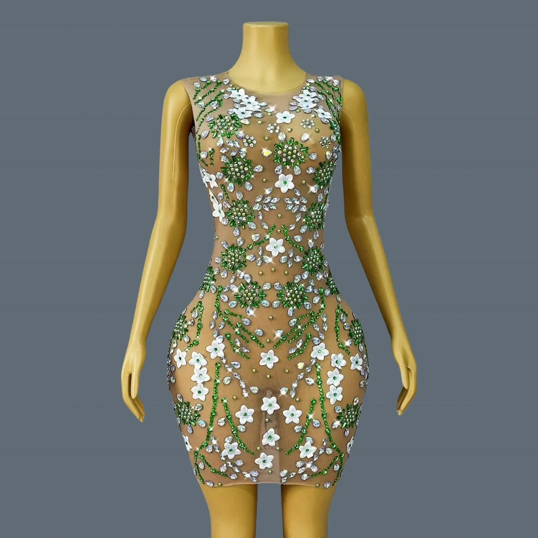 Sexy See Through Mesh Diamond Evening Dress Birthday Celebrate Party Mini Dress Nightclub Performance Dress Short Dress Lvchahua