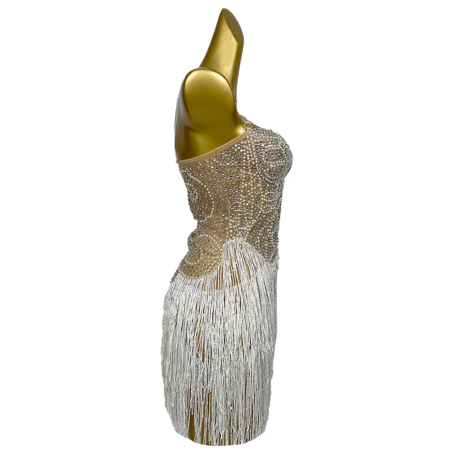 Luxurious Crystal Fringe Backless Prom Gowns White Pearls Off Shoulder Short Dress Sexy Performance Stage Costume Qiaqia