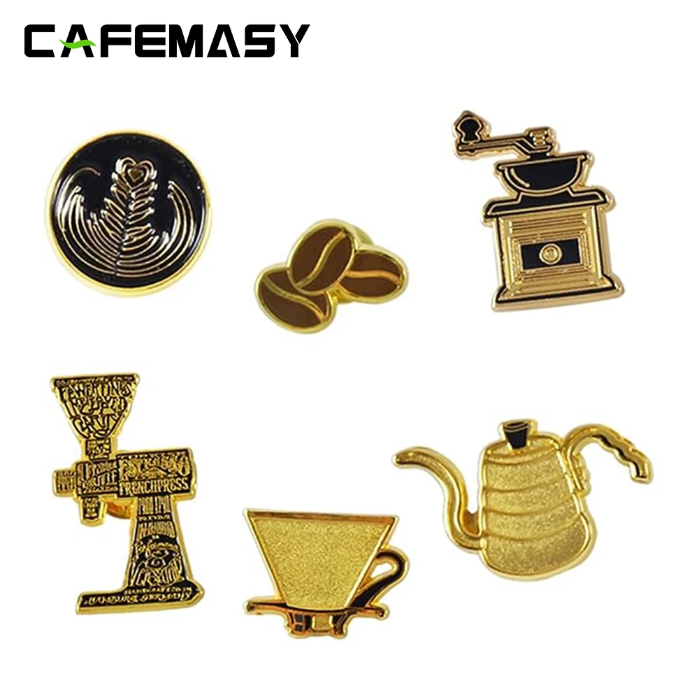 CAFEMASY 6pcs Coffee Series Luxury Souvenir Brooch Enamel Lapel Pins Badge For Barista and Coffee Lovers Clothes Backpack Decor