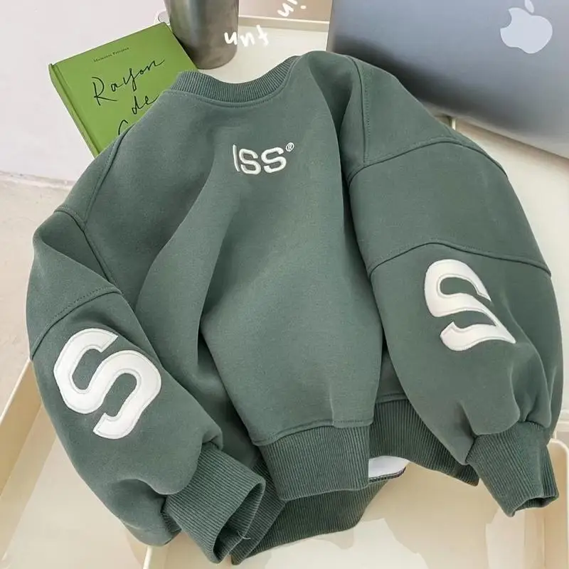 100-160CM Boys Winter Pullover Hoodie Casual Sweatshirt Korean Children's Loose and Plush Thick Top