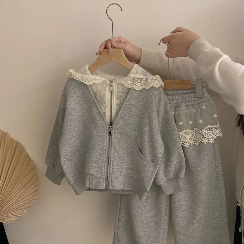 Girls' Spring and Autumn Set 2026 New Children's Hooded Hoodie Casual Lace Cardigan Coat+Bathroom Pants Two Piece Set