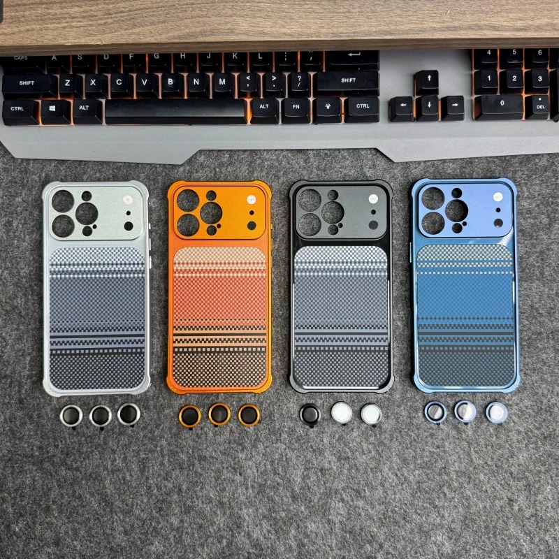 New Plating Carbon Fiber Texture Alloy Bumper With Camera Lens Cover for iPhone 17 Pro 16pro 15 14 Pro Transform Metal Case