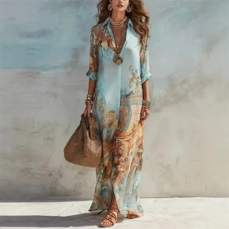 Elegant Shirt Dress For Women Chiffon Digital Print Turndown Collar Single-breasted Dresses Flowy Casual Boho Summer Clothing
