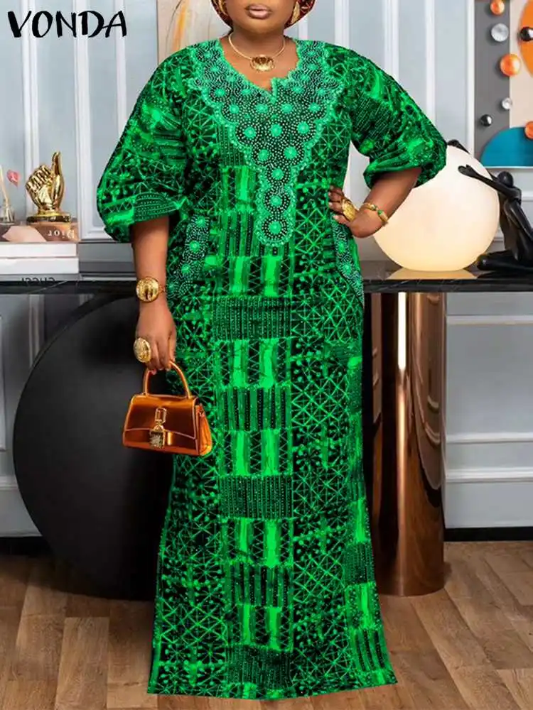 Plus Size 5XL VONDA Bohemian Autumn Women Long Dress 2025 Printed Sundress Fashion Puff Sleeve V Neek Loose Casual Vestidos Robe