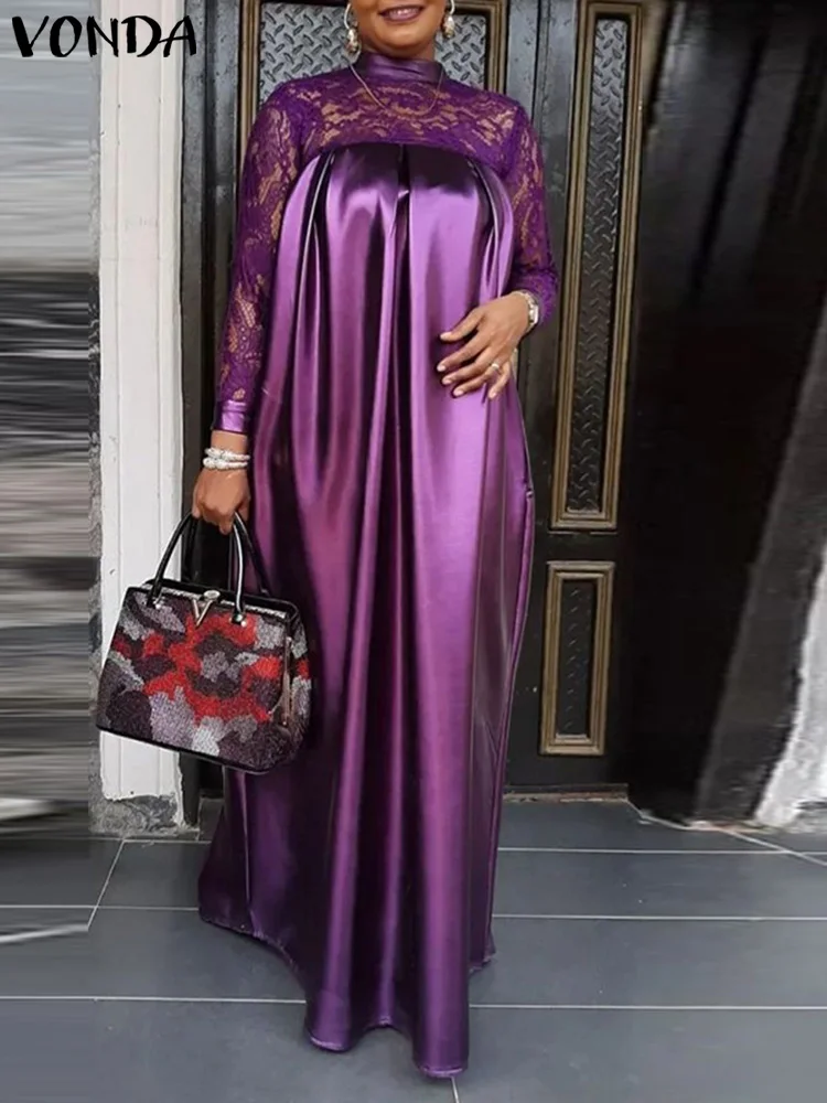 Plus Size 5XL VONDA Elegant Women Lace Patchwork Satin Maxi Dress Autumn Long Sleeve Stand Collar Long Dresses Casual Party Robe
