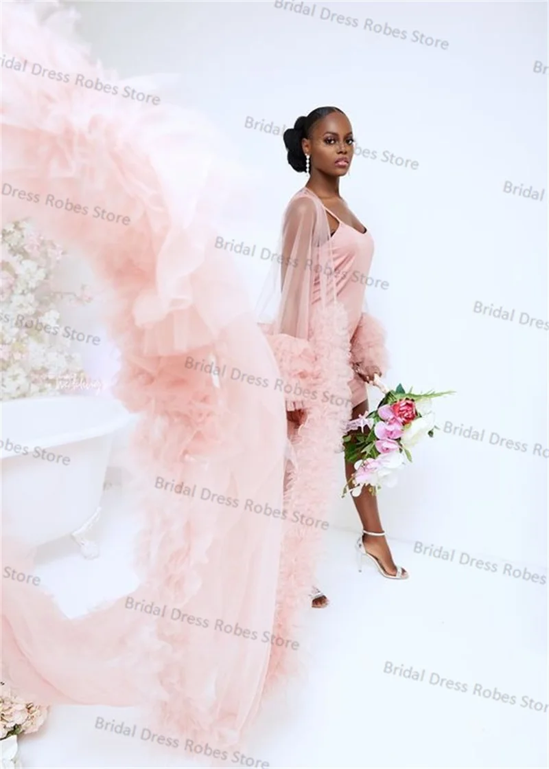 2 Pieces Pink Maternity Dresses for Photo Shoot Full Sleeves Slip Dress+Long Robe Puffy Mesh Pregnant Custom Made Prom Robes