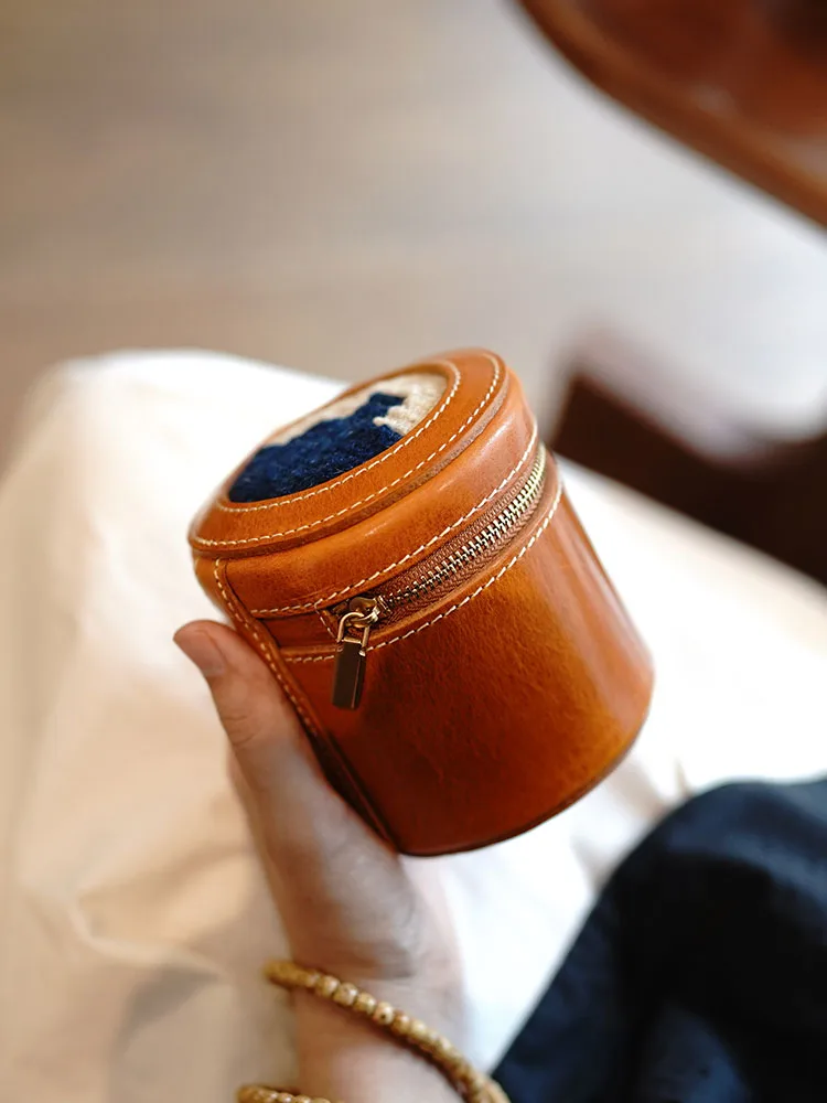 Retro Hand Vegetable Tanningc Cowhide Blanket Stitching Jewelry Box Large Capacity Portable Leather Walnut Collectables-Autograp