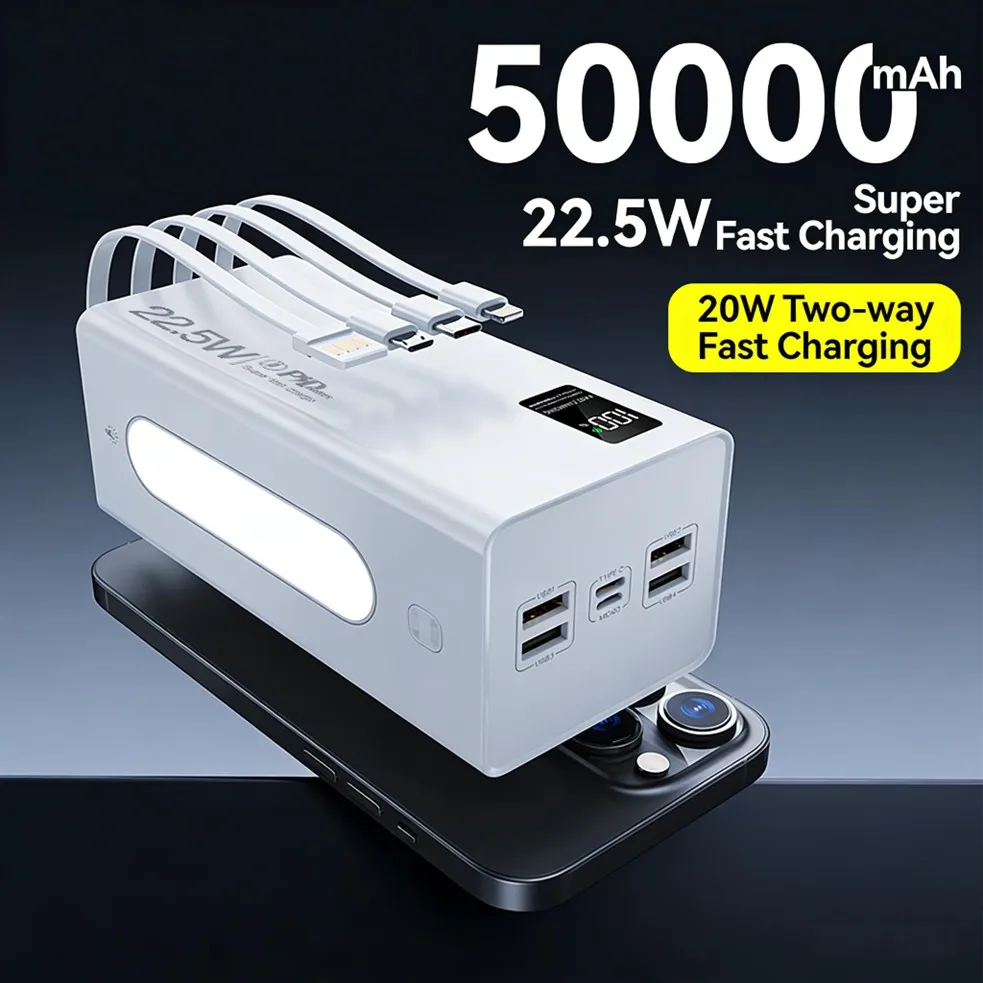 50000mAh 22.5W Power Bank with Built-in 4 Cables,Portable Power Bank with Digital Display,Multi-Device Compatible,LED Flashlight
