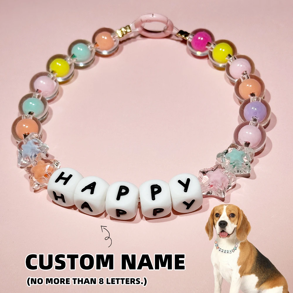 Cute Personalized Pet Dog Cat Collar Custom DIY Name Necklace Star Round Shape Colorful Beaded Holiday Accessories Exclusive