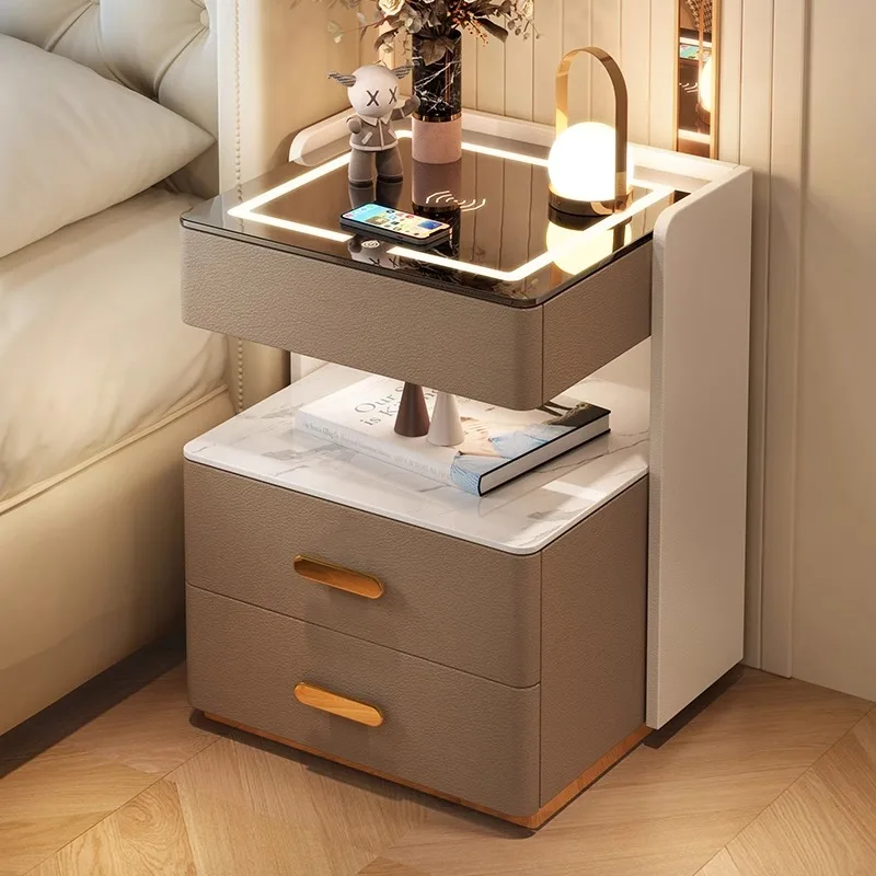 Luxury Solid Wood Intelligent Bedside Storage Cabinet LED Lights Multifunctional Nightstand Home Use Wireless Smart Bedroom