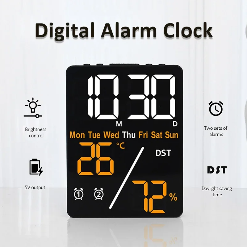 Digital Alarm Clock Temperature Humidity Date Display Charging Function 2 Alarms Brightness Adjustment Desktop Clock Home Decor