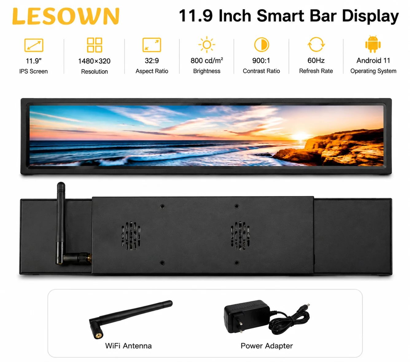LESOWN 11.9 Inch Ultra Wide Bar Monitor Android 11 RK3566 2GB 16GB 1480x320 Pantalla Táctil Screen for Supermarket