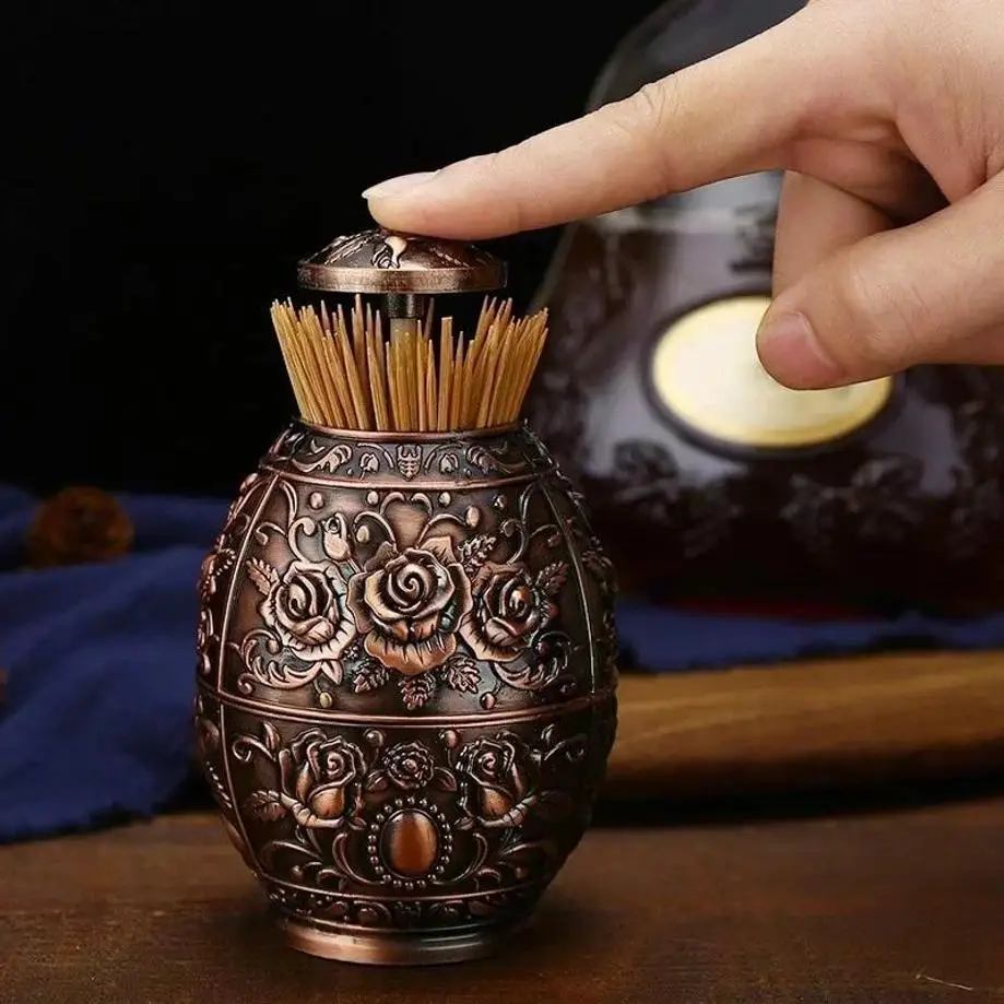 1 Pcs Automatic Toothpick Holder Retro European Metal Stainless Steel Push-to-dispenser Repair Dent Box Kitchen Accessories