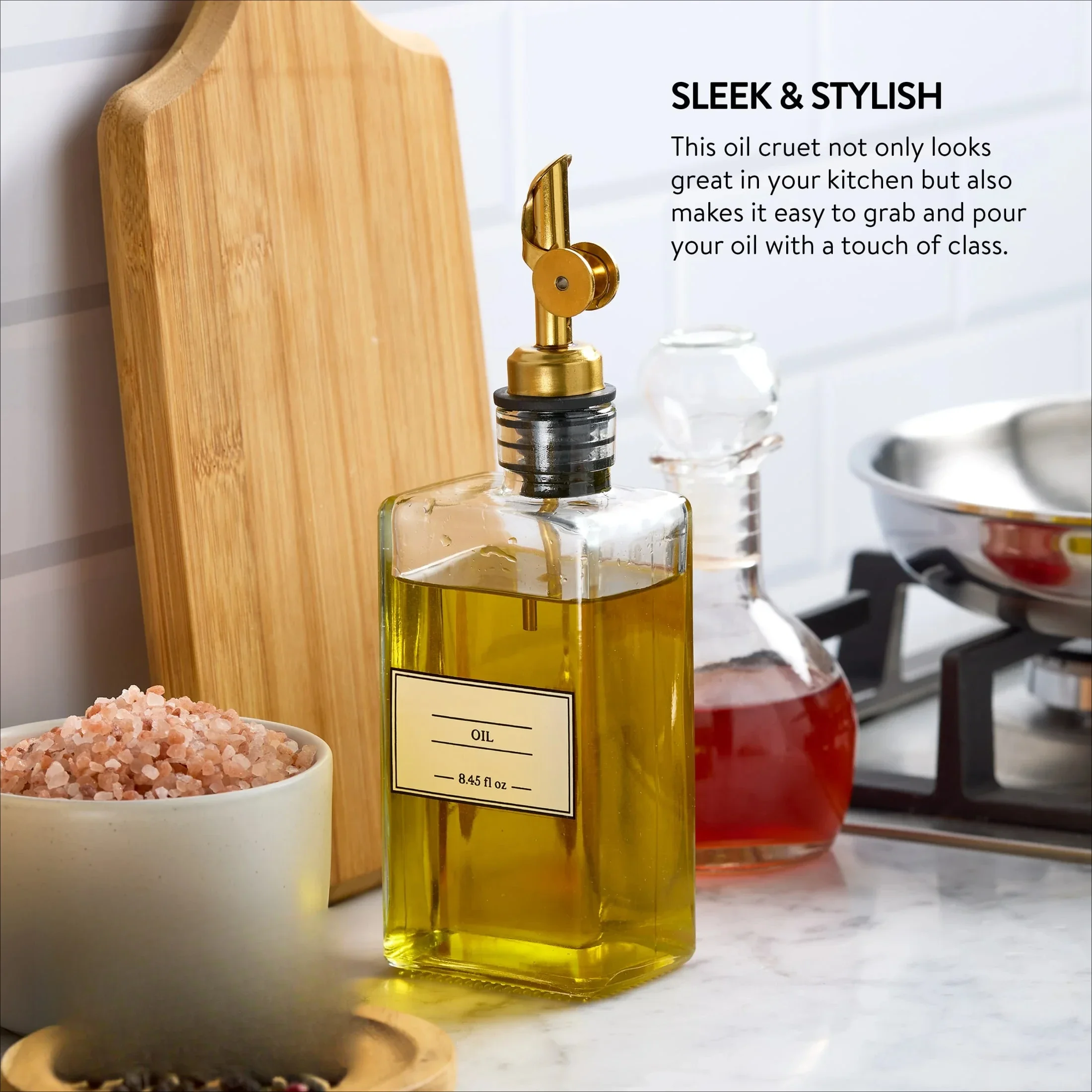 8.45oz Automatic Oil Pot Soy Sauce Bottle Vinegar Bottle Unfilled Glass Oil Cruet Bottle with Gold Spout  Kitchen Accessories