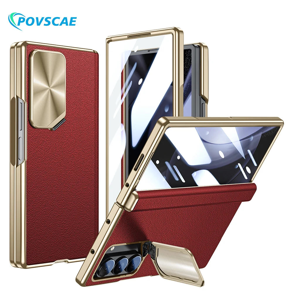 For Samsung Galaxy Z Fold 6 Case with Camera Cover Holder Genuine Leather Electroplating Slim Magnetic Hinge Protection Cases