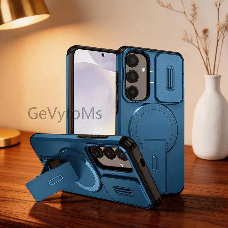 Kickstand+Lens Cover S24FE S24 Ultra Case For Samsung Galaxy S24 FE S 24 Plus Magnet Adsorbable Cases For Samsung S24 Ultra Case