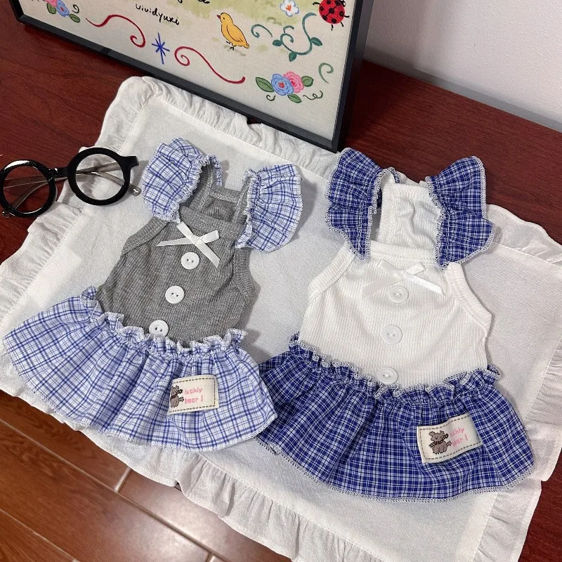 Pet Dress Summer Vest Checkered Lace Ins Skirt Cat Vest Small Dog Teddy Bow Dog Dresses for Small Dogs Puppy Clothes