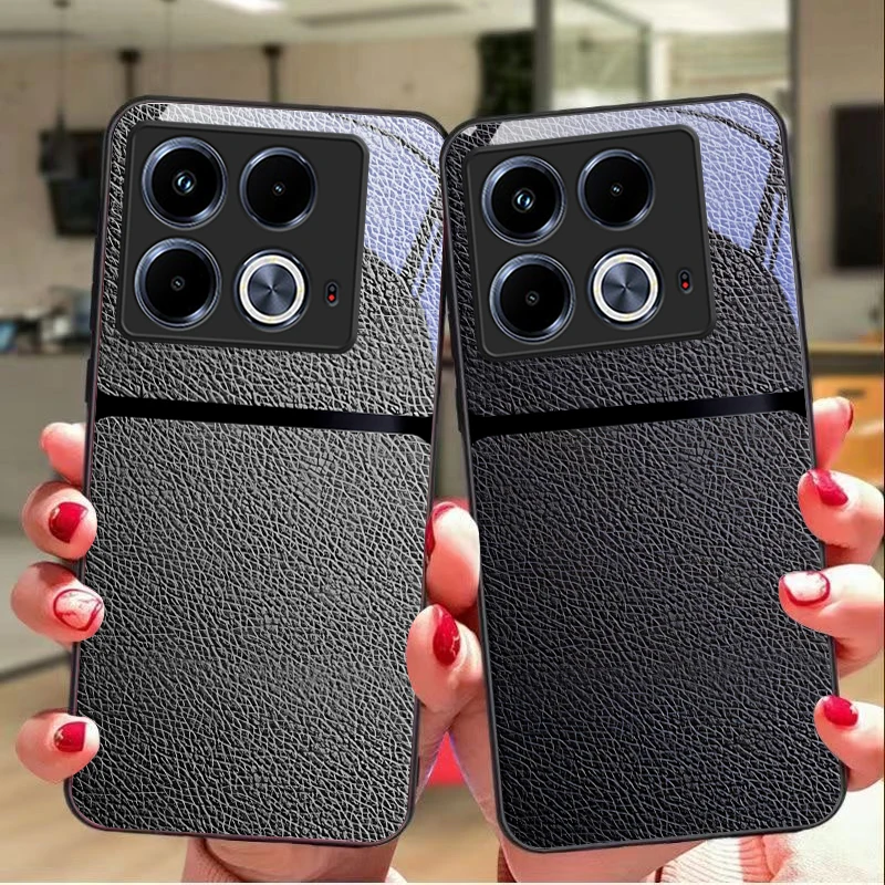 Red Leather Pattern For Infinix Note 40 4G 30i 12 G96 Smart 8 Hot 9 Play 10 11S 12 20i 50 Pro Plus 5G Tempered Glass Phone Case