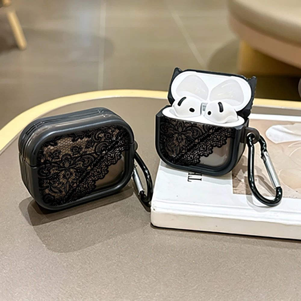 Elegant Black Lace Protective Case for AirPods Pro 3/Pro 2/Pro Earbuds Case For AirPods 4/3/2/1 TPU Shockproof Earphone Cover