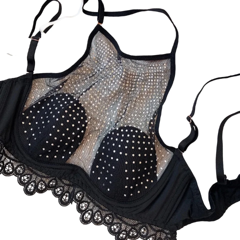 KUCLUT Sexy Lace Rhinestone Netted Sheer Undergarment Halter Beauty Back Pack Thin Women Sexy Intimate Wireless Underwear