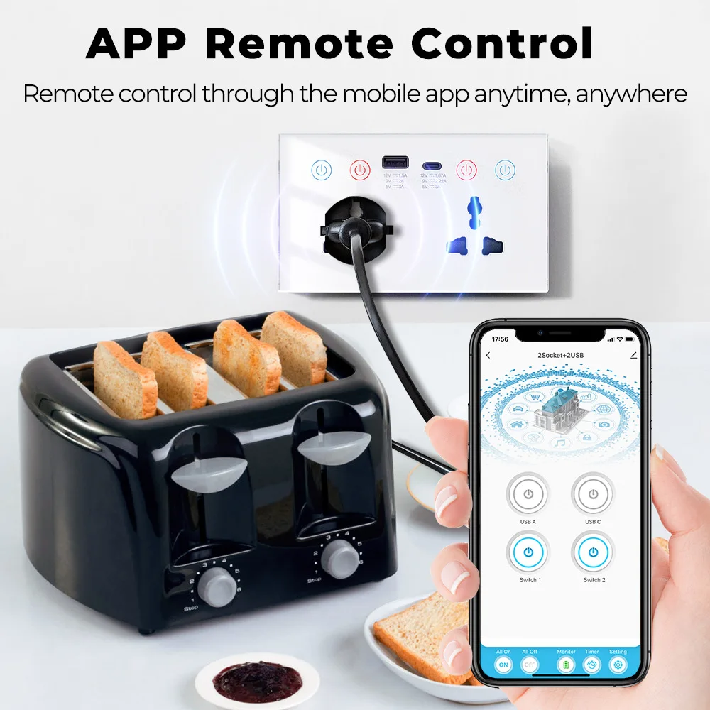 WiFi Smart Socket Wall USB+Type-C 15W Universal Plug Outlet Power Monitor Timer Switch Work with Alexa Google Home
