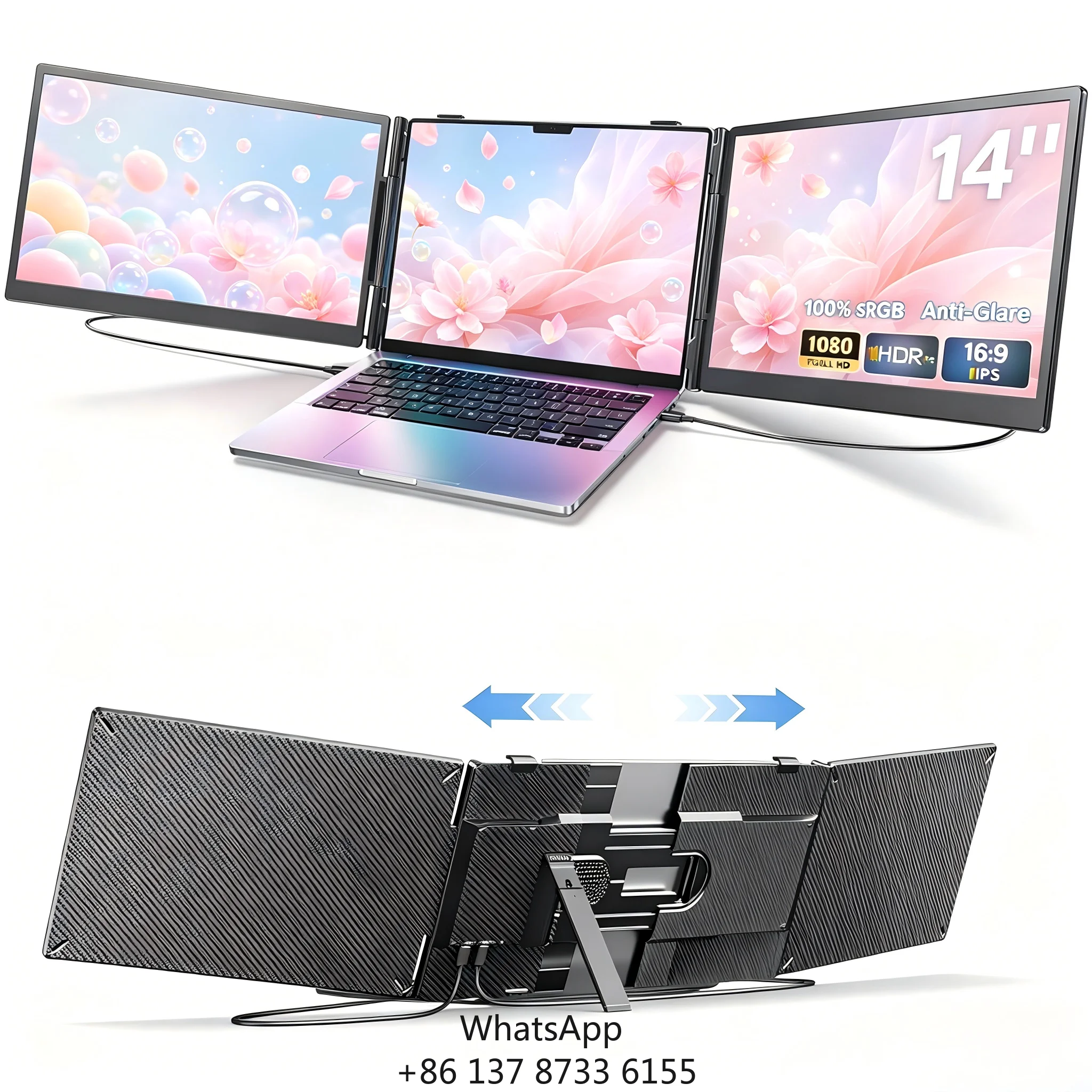 Laptop Triple Screen Monitor 14 Inch FHD 1080P IPS LCD Panel With USB-C For Work From Home High Efficiency Studio