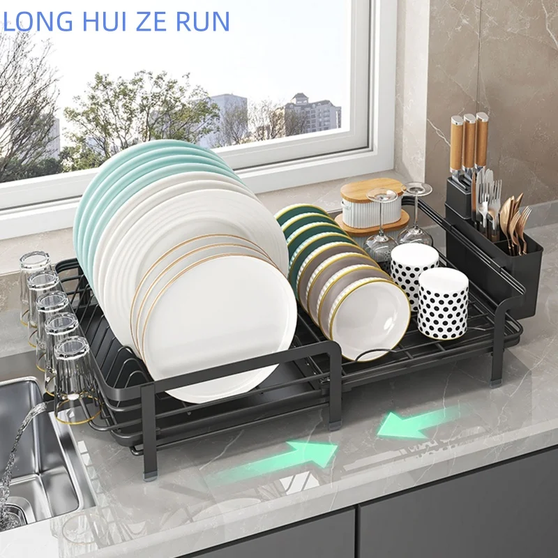 2-tier adjustable dish storage rack kitchen dish drying rack rotatable drain tray kitchen storage rack rust-proof storage box