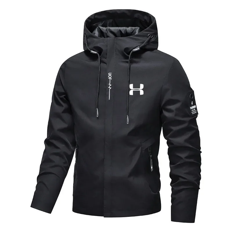 Men's Spring Autumn Streetwear Hooded Jacket 2026 New Casual Zip Up Loose Coat Outdoor Hiking Jogging Activewear Windbreaker