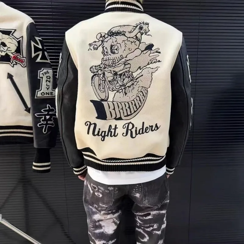 Streetwear Skeleton Embroidered Bomber Jackets for Men Spring Autumn Baseball Jackets PU Sleeves Varsity Jacekts Men Clothes