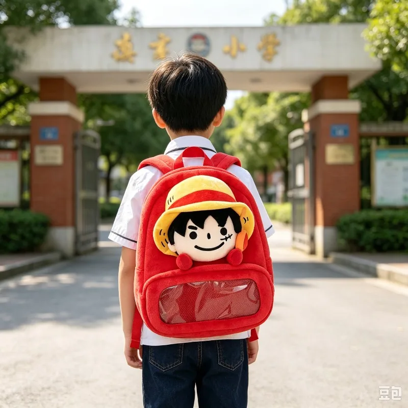 Anime One Piece Plush Backpack Luffy Zoro Chopper Doll Shoulder Bag Transparent Pocket Mini School Bag for Kids Fans