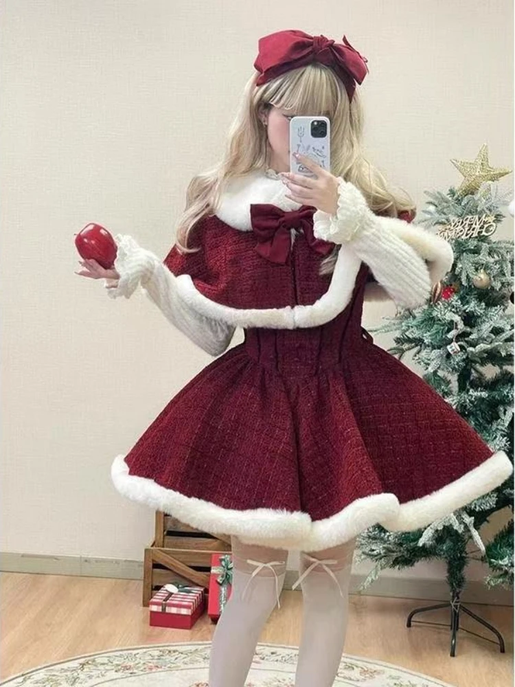 Winter Christmas Sweet Lolita 3 Piece Sets Womens Bow Design Cloak +Elegant Warm Sweater +Chic Dress Female Korean Style Clothes