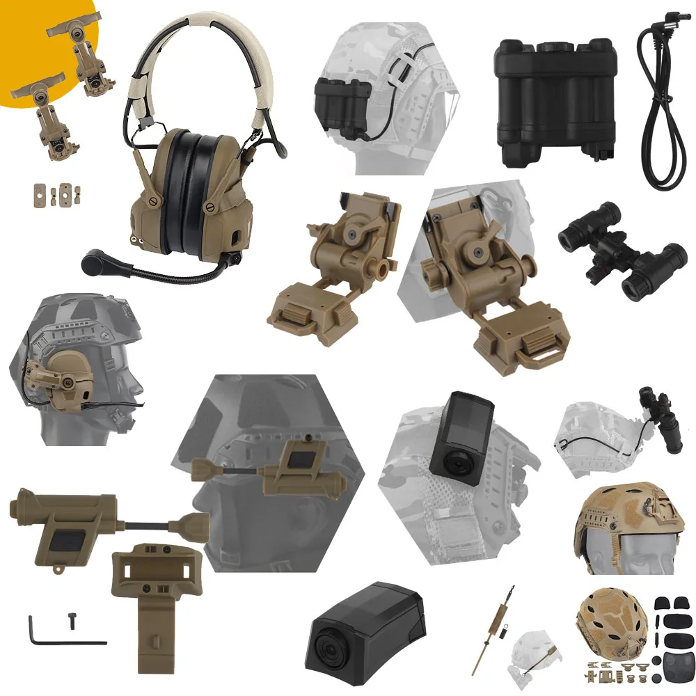 Tactical Fast Helmet Set Model with Headset Integrated NVG Mount Helmet Light for Airsoft Cosplay Military Tactical Gear
