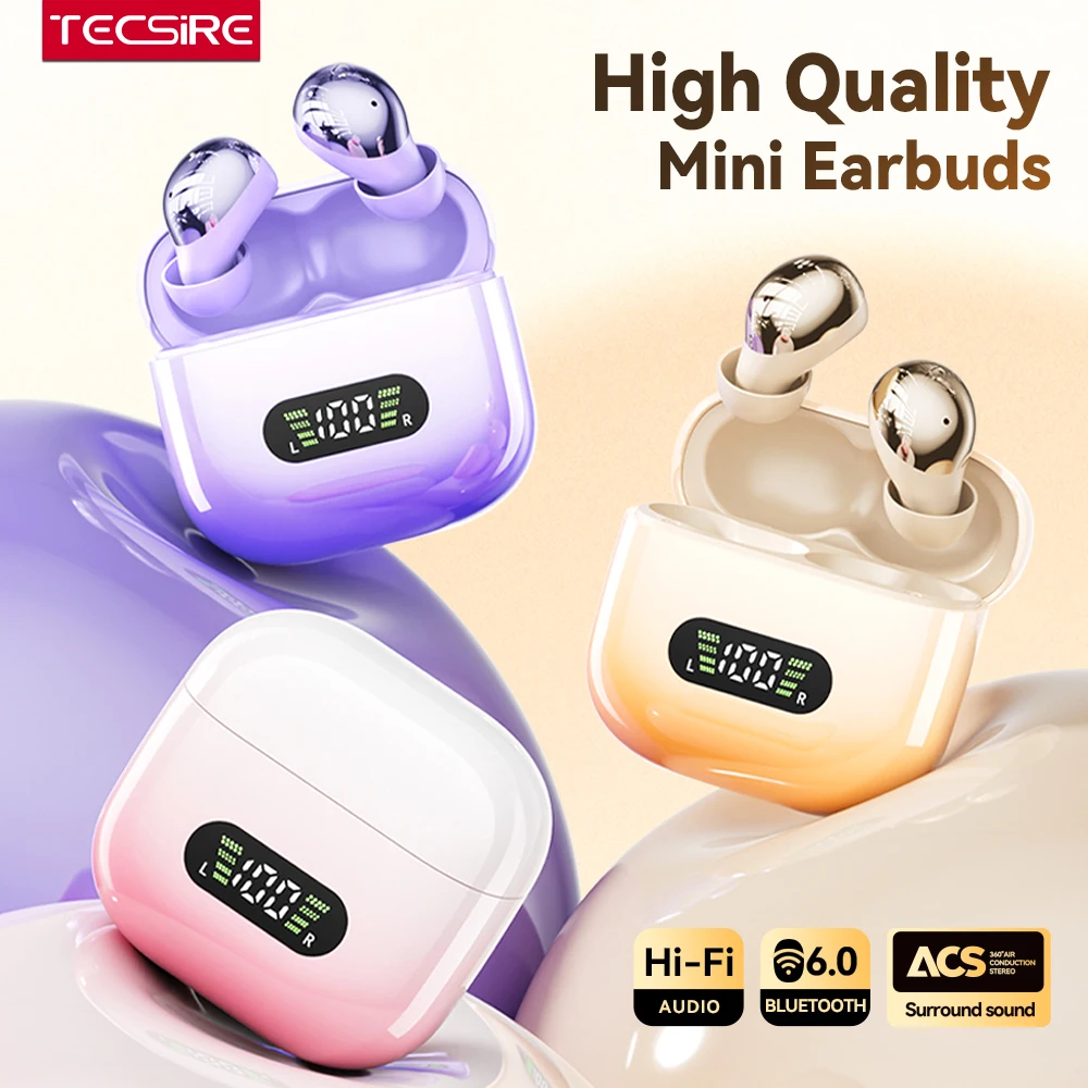 TECSIRE Mini Bluetooth Earphones Wireless Earbuds TWS HiFi Stereo Bass Headset Anti Wind Noise for Sleep Sports Daily Commute