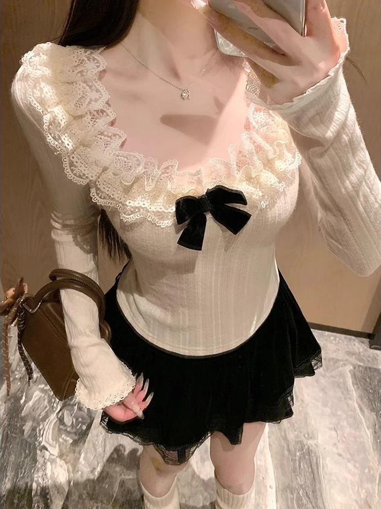 Winter New Sweet Style Lace Long-sleeved T-shirt Women Lolita Patchwork Chic Slim Blouse Japanese Casual Base Fit Tops 2025 New