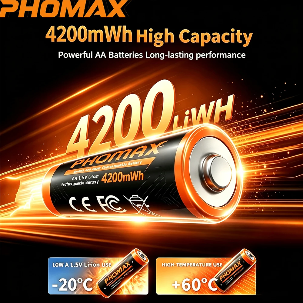 PHOMAX 1.5V Li-ion AA/AAA 4200mWh 1110mWh AA AAA Lithium Rechargeable Batteries For Shaver Flashlight Camera Pre-charged Battery