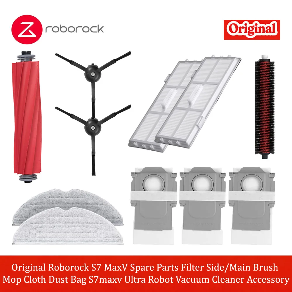Original Roborock S7 MaxV Spare Parts Filter Side/Main Brush Mop Cloth Dust Bag S7maxv Ultra Robot Vacuum Cleaner Accessory