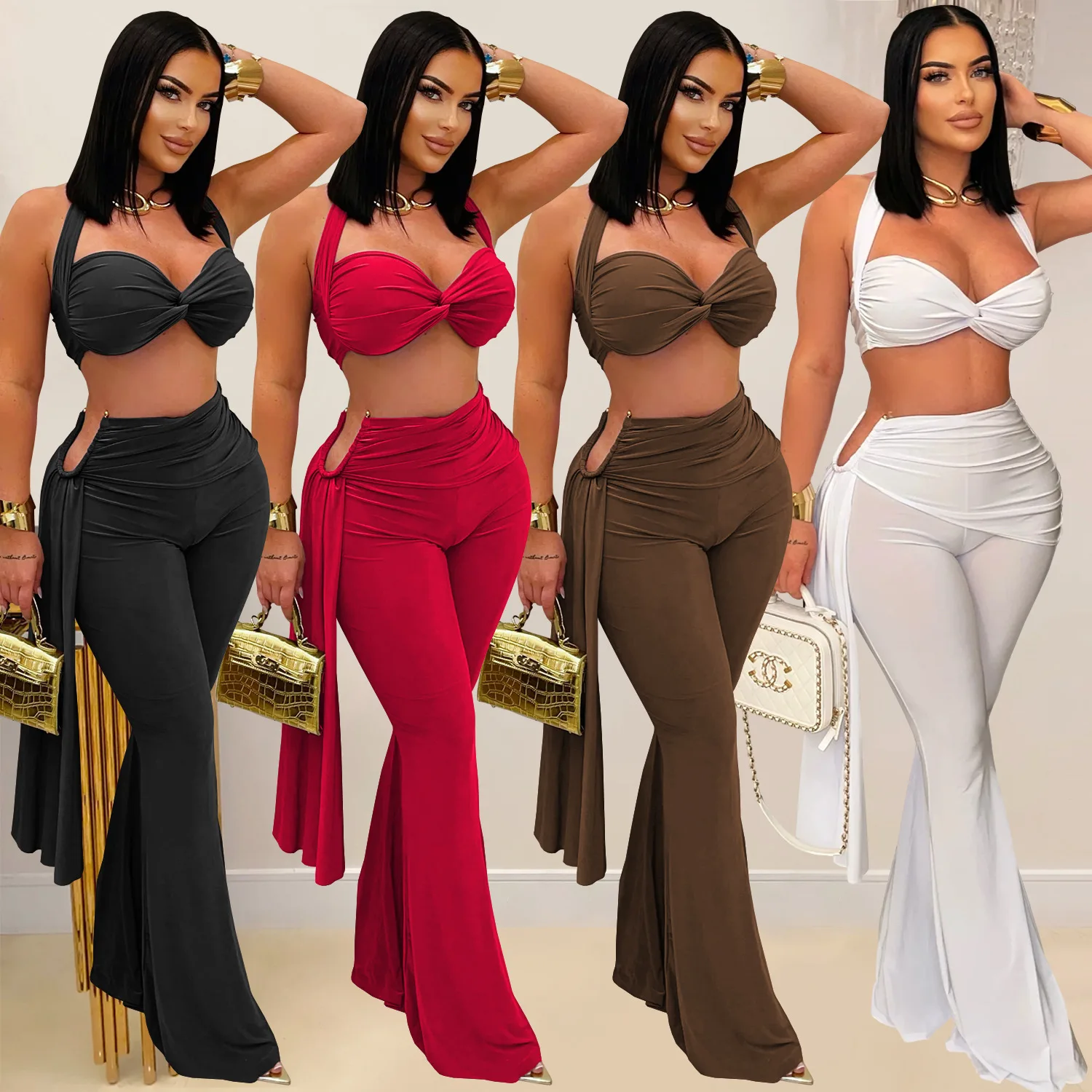 Sexy Halter Bikini Tops 2 Piece Pant Set Outfits Y2K Streetwear Women Flare Pants Tracksuit Elegant Bandage Tops Two Piece Sets