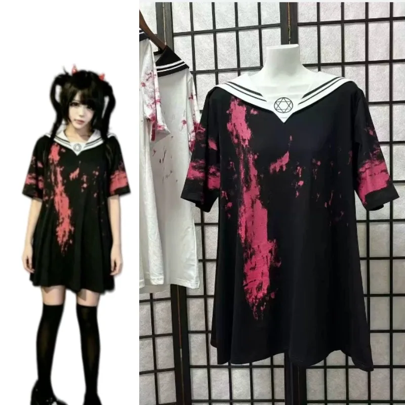 Dark Anime Blood Print Sailor Jk Top Japanese Jirai Kei Uniform T-shirt for Women Girls Halloween Carnival Party Cosplay Costume