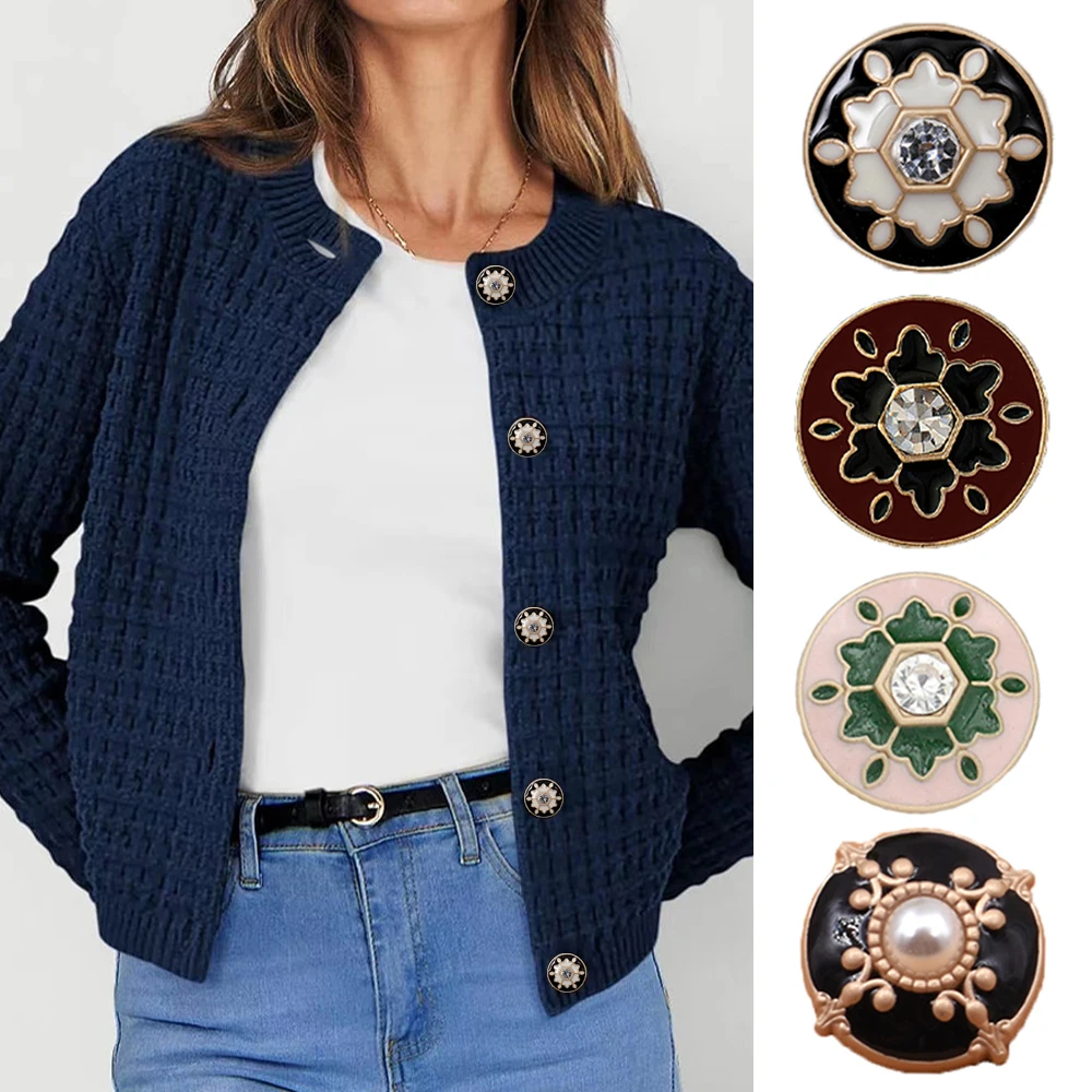 10pcs/set Vintage Inlaid Pearl Rhinestone Round Metal Buttons, Suit Jacket Coat Trench Fashion Flower Pattern Decorative Buttons