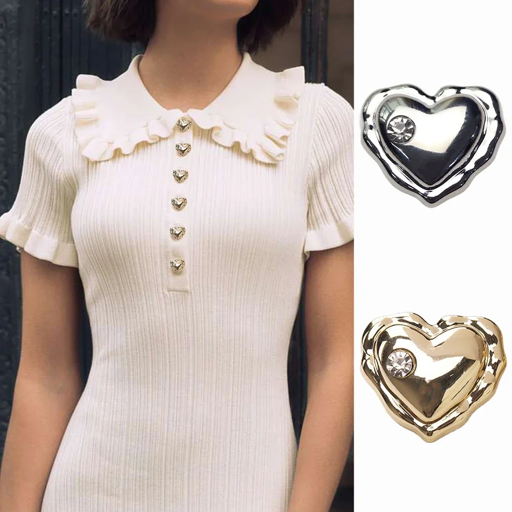 Heart-Shaped Rhinestone Metal Buttons, Fashion Suit Jacket, Knitwear Coat Decorative Buttons, Sewing Accessories, 10 Pcs/set