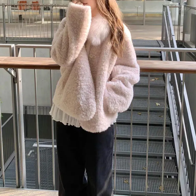 Women Faux Lamb Wool Cropped Jackets Detachable Magnetic Fox Fur Collar Single Breasted Winter Fluffy Loose Long Sleeve Coats