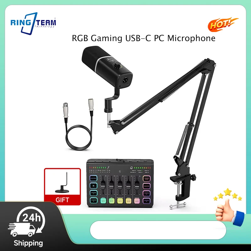RGB Gaming USB-C PC Microphone AI Noise Cancelling for PC PS4 PS5 Live Streaming Gaming Vocal Recording