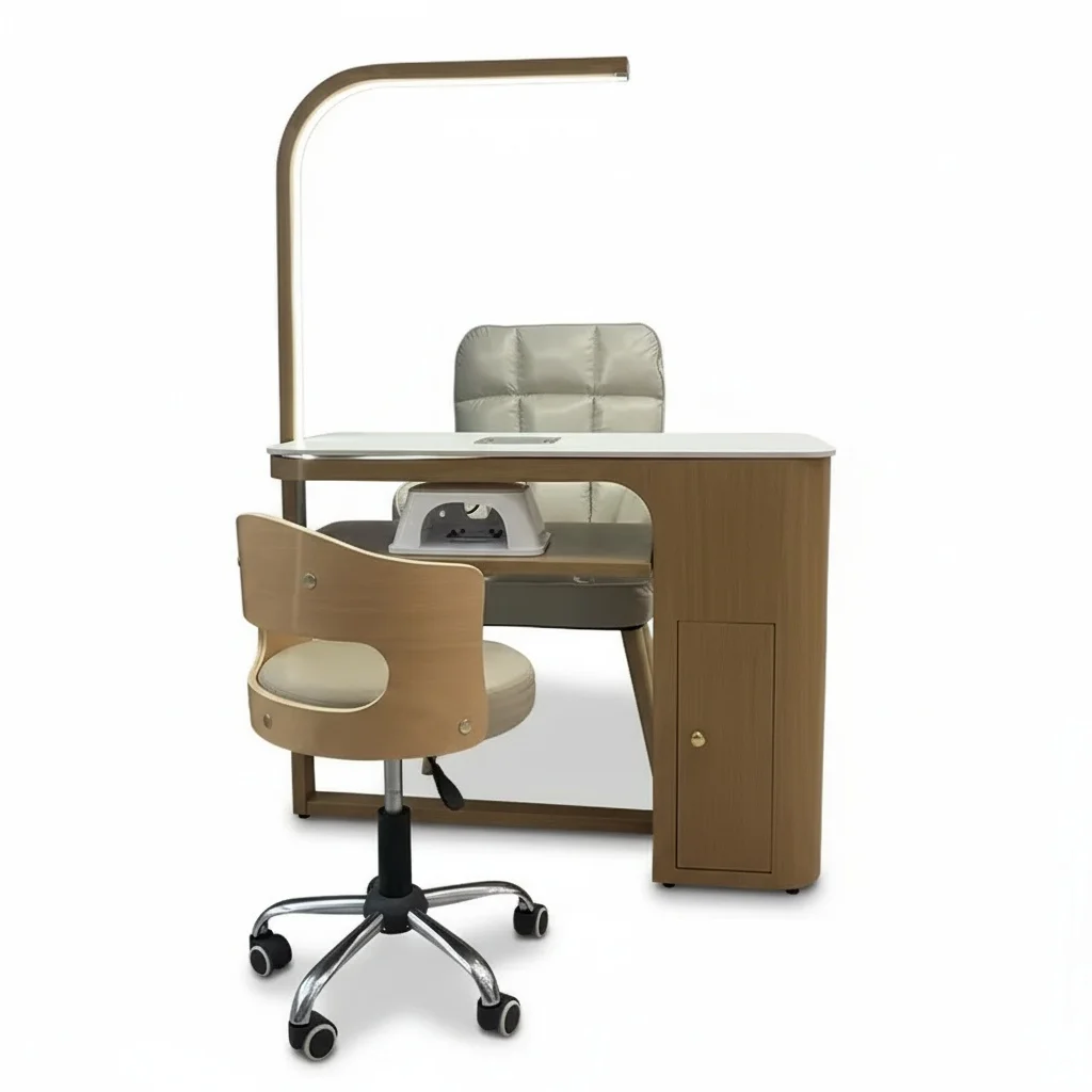 L Shape Nail Table, Modern Wooden MDF Manicure Desk with Dust Collector and LED Light, Professional Salon Furniture for Home